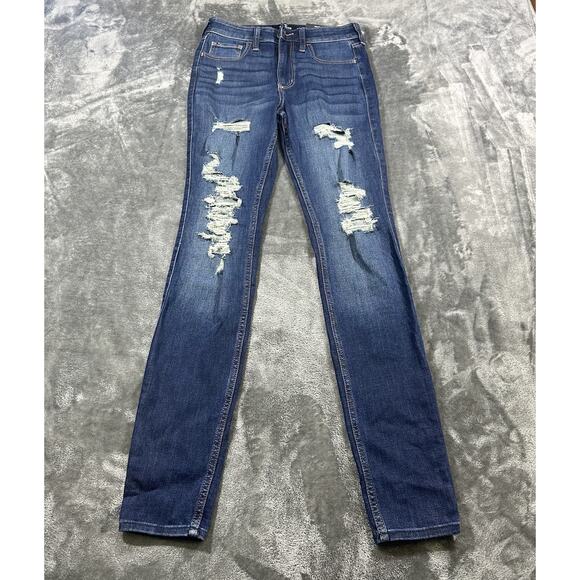 Hollister Jeans Women’s 2L/26w Blue Hi-Rise Super Skinny Distressed Soft Stretch - Picture 2 of 13